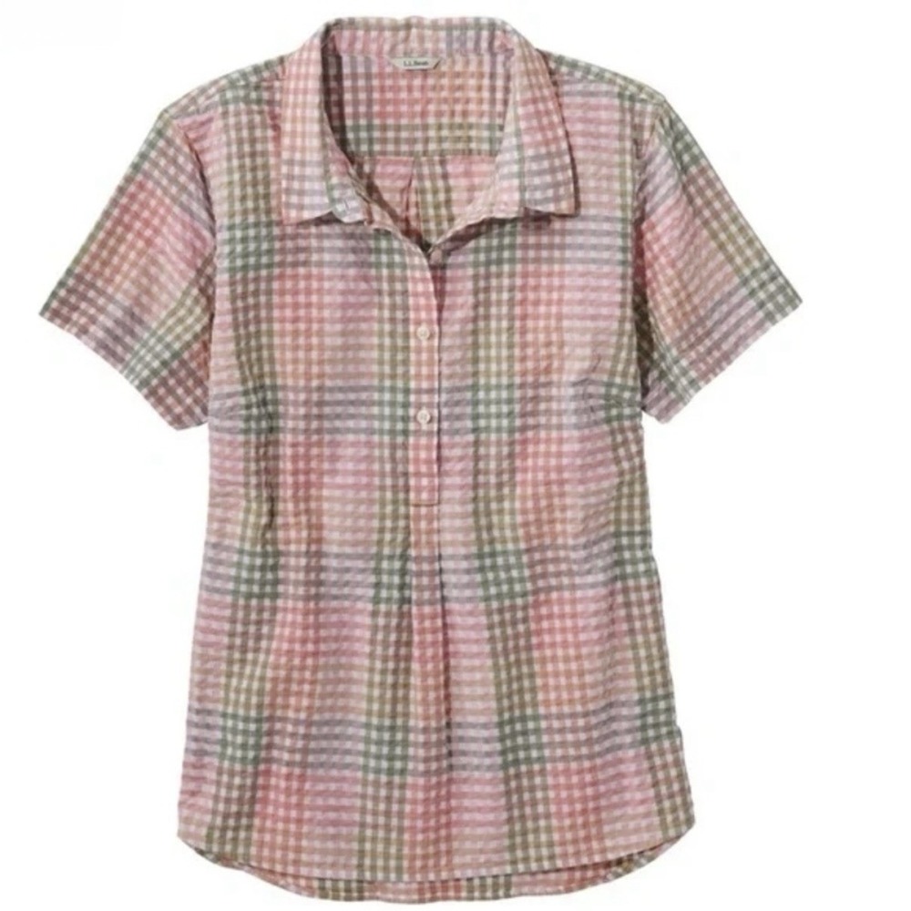 LL Bean Vacationland Seersucker Short Sleeve Popover Plaid Shirt Size SMALL